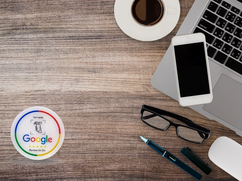 Google Review NFC-badge – Zelfklevend, 2‑pack Ø10 cm Mat Wit (1+1 Gratis)