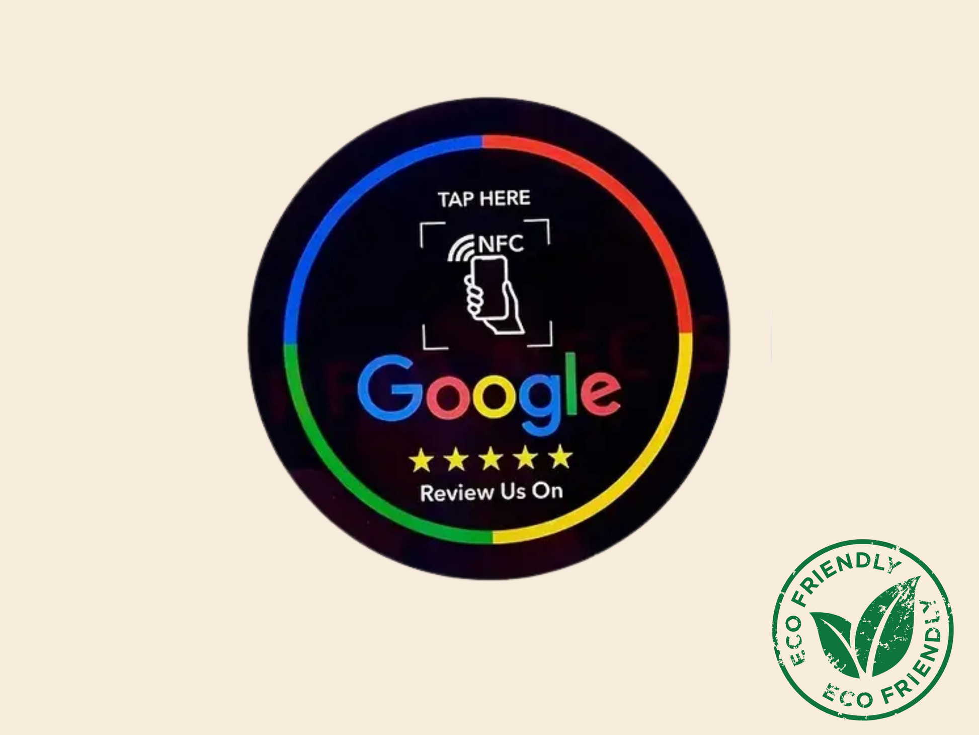 Google Review NFC-badge – Zelfklevend, 2‑pack Ø10 cm Mat Zwart (1+1 Gratis)