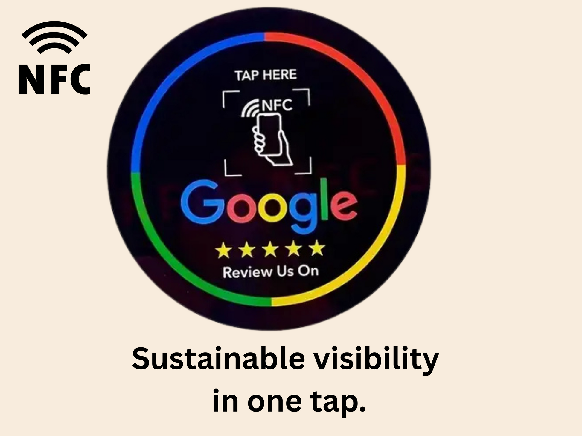 Google Review NFC-badge – Zelfklevend, 2‑pack Ø10 cm Mat Zwart (1+1 Gratis)