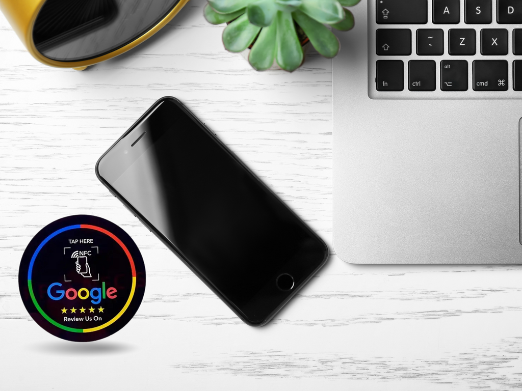 Google Review NFC-badge – Zelfklevend, 2‑pack Ø10 cm Mat Zwart (1+1 Gratis)