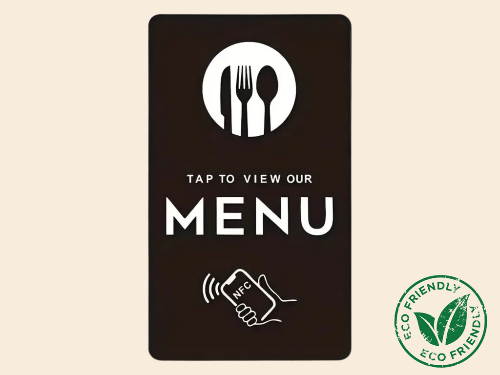 NFC Digitale Menukaart – “Tap to View Our MENU” – 2‑pack Zwart, (1+1 Gratis)