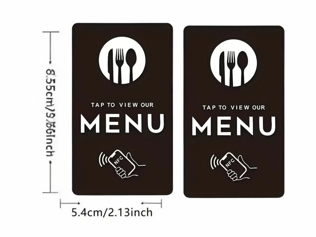 NFC Digitale Menukaart – “Tap to View Our MENU” – 2‑pack Zwart, (1+1 Gratis)