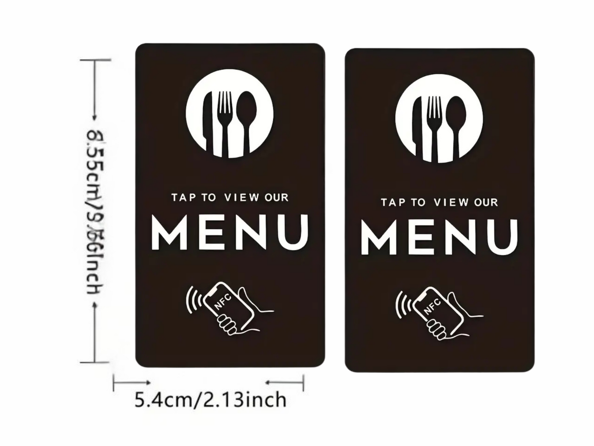 NFC Digitale Menukaart – “Tap to View Our MENU” – 2‑pack Zwart, (1+1 Gratis)