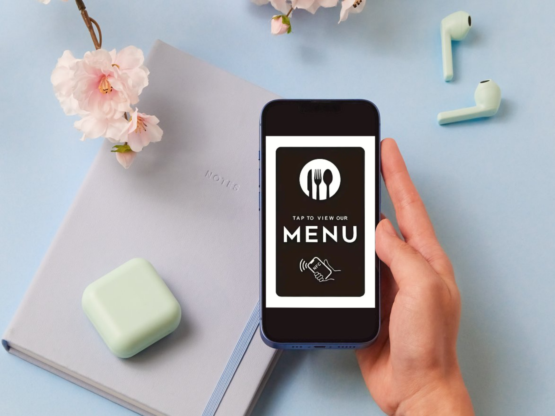 NFC Digitale Menukaart – “Tap to View Our MENU” – 2‑pack Zwart, (1+1 Gratis)