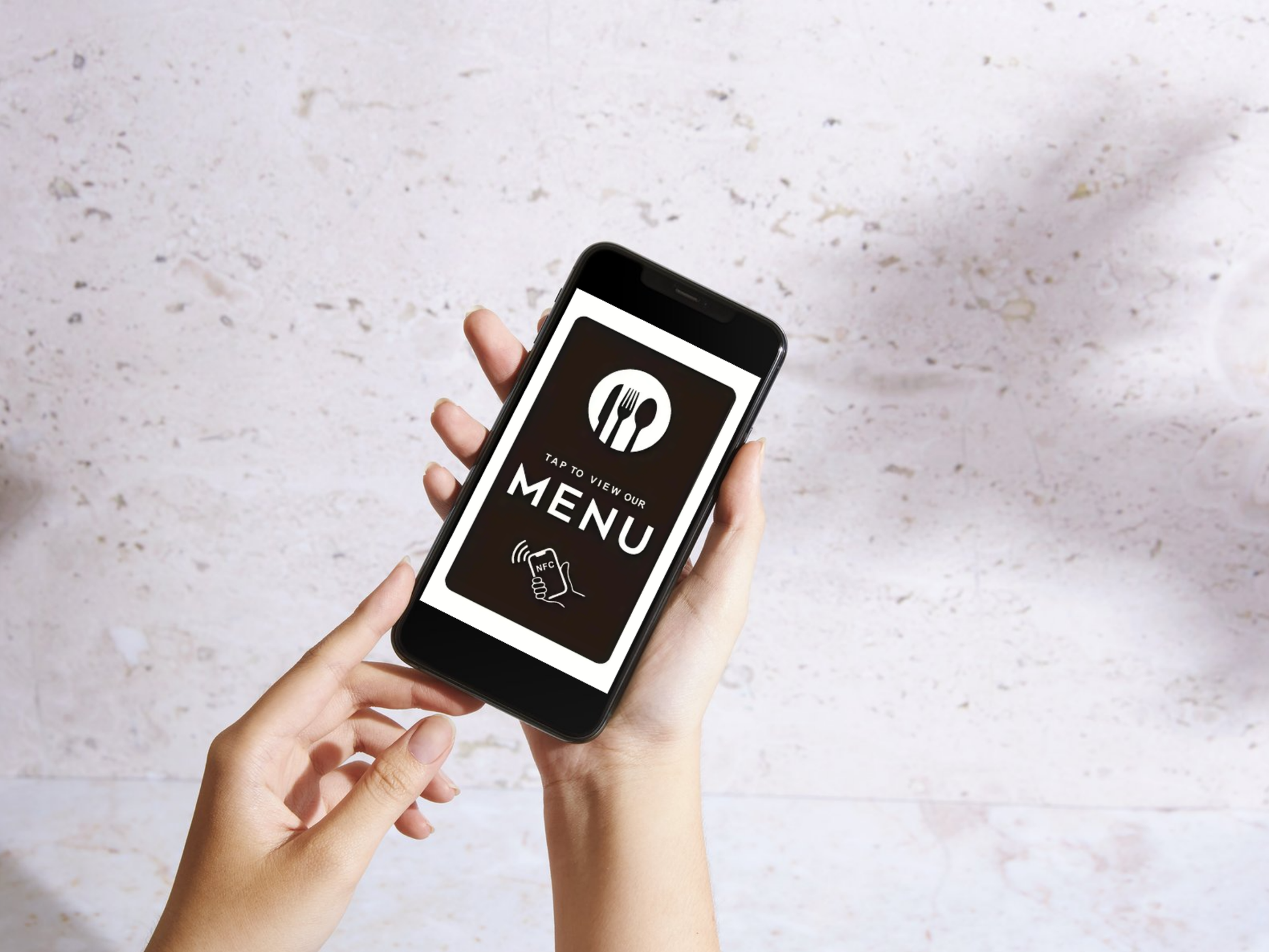 NFC Digitale Menukaart – “Tap to View Our MENU” – 2‑pack Zwart, (1+1 Gratis)